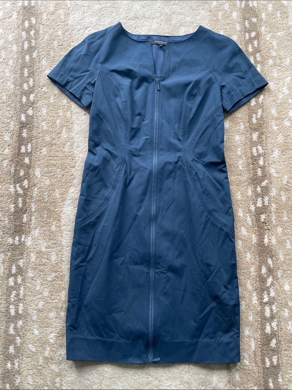 Lafayette 148 Navy Short-Sleeve Zip-Front Midi Sheath Dress